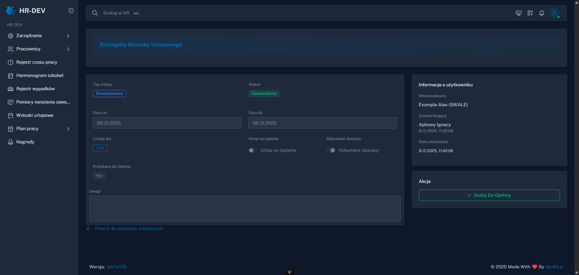 devHRPortal – widok systemu