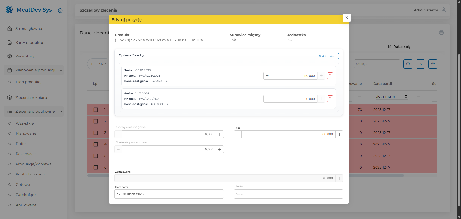 devProdMeat – Zlecenia produkcyjne