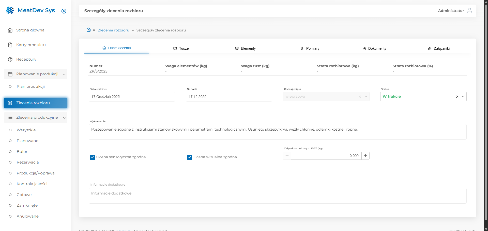 Zlecenie rozbioru – dane